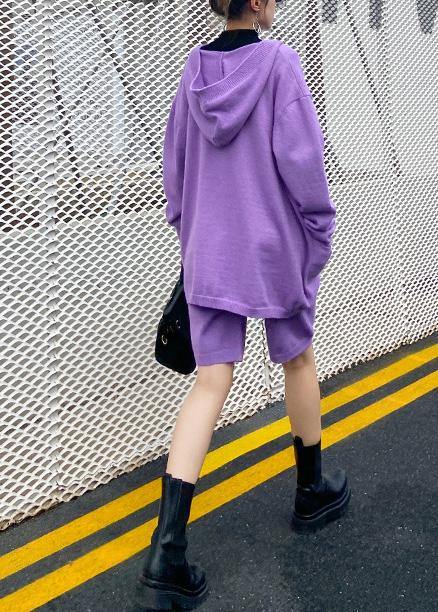 Autumn Knitted Cardigan Shorts Purple Two-piece