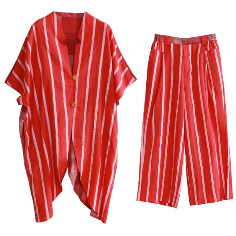 Loose Suits, Wear More Red Stripes Stitching Shirts, Wide-leg Pants