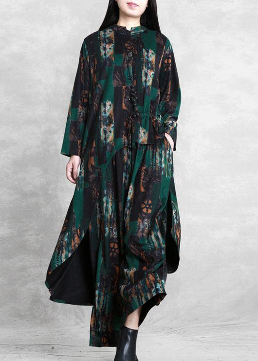 Suit New Two-piece Green Print Irregular Top + Wide Leg Pants