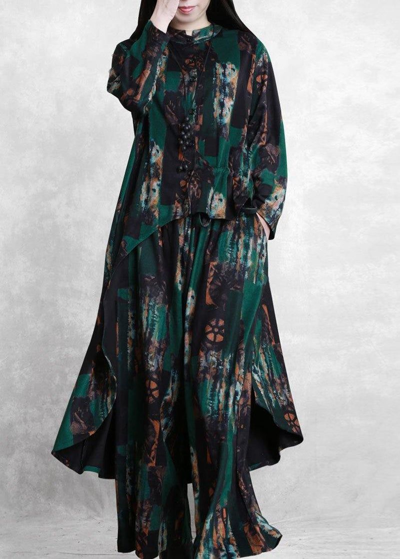 Suit New Two-piece Green Print Irregular Top + Wide Leg Pants