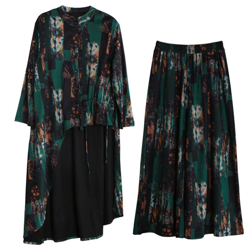 Suit New Two-piece Green Print Irregular Top + Wide Leg Pants