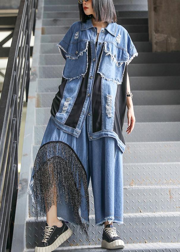 Sold Out- Large Size Thin Western Denim Blue Vest Wide Leg Pants Two-piece Suit