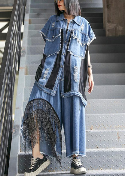 Sold Out- Large Size Thin Western Denim Blue Vest Wide Leg Pants Two-piece Suit