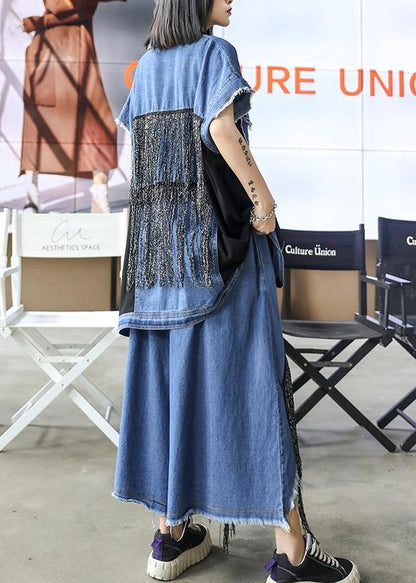 Sold Out- Large Size Thin Western Denim Blue Vest Wide Leg Pants Two-piece Suit