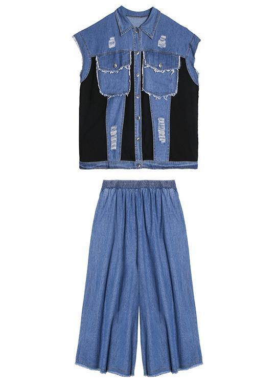 Sold Out- Large Size Thin Western Denim Blue Vest Wide Leg Pants Two-piece Suit
