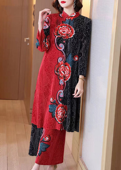 Retro Long Green Printed Cardigan Shirt Jacket Wide Leg Pants Two-piece Suit