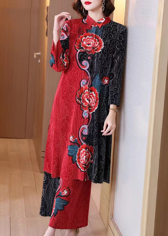 Retro Long Green Printed Cardigan Shirt Jacket Wide Leg Pants Two-piece Suit