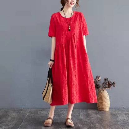 O Neck Cinched Cotton Linen Clothes Wardrobes Red Dress Summer