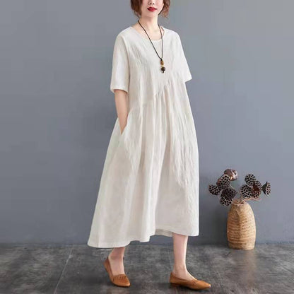 O Neck Cinched Cotton Linen Clothes Wardrobes Red Dress Summer
