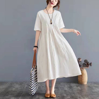 O Neck Cinched Cotton Linen Clothes Wardrobes Red Dress Summer