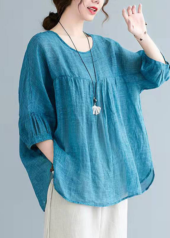 O Neck Half Sleeve Linen Summer Tunic Pattern Sewing Blue Shirt