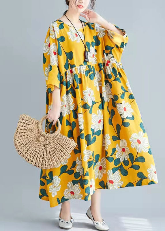 O Neck Tie Waist Cotton Clothes for Pakistani Wardrobes Yellow Print Tunic Dress Summer