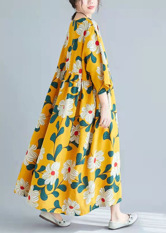 O Neck Tie Waist Cotton Clothes for Pakistani Wardrobes Yellow Print Tunic Dress Summer