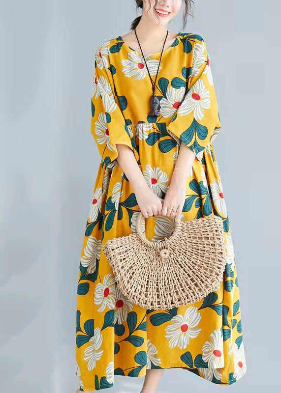 O Neck Tie Waist Cotton Clothes for Pakistani Wardrobes Yellow Print Tunic Dress Summer