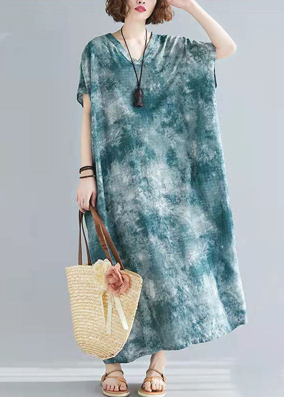V Neck Cotton Tunic Top Shape Green Prints Dresses Summer