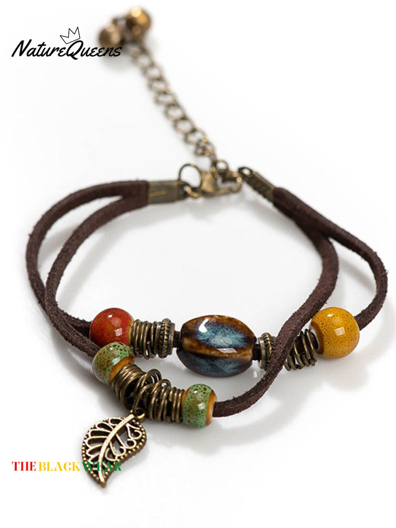 Leather Strap Ceramic Kiln Bead Bracelet Couple Jewellery