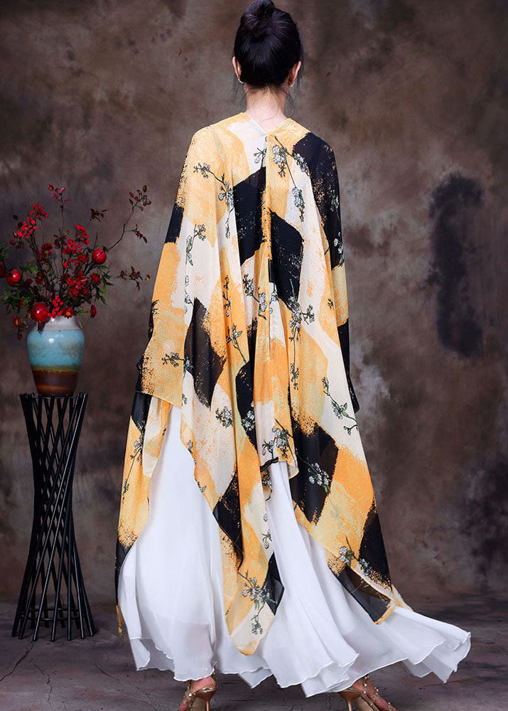 Yellow Black Print Chiffon Upf 50+ Top Asymmetrical Design Batwing Sleeve