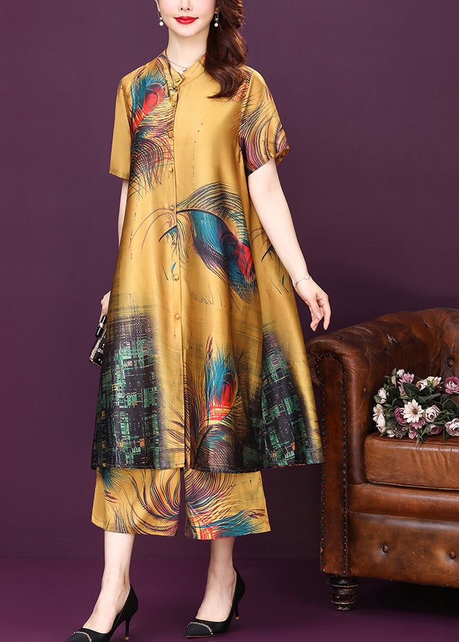 Yellow Button Print Silk Shirt Top and Pants Sets Two Pieces High Waist Summer