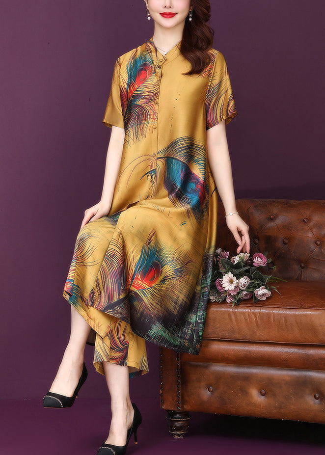 Yellow Button Print Silk Shirt Top and Pants Sets Two Pieces High Waist Summer