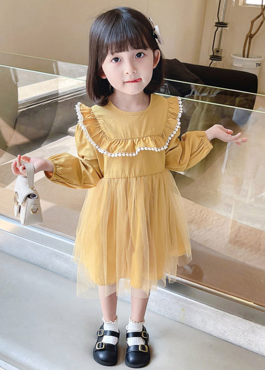 Yellow Button Tulle Patchwork Cotton Kids Dress Long Sleeve
