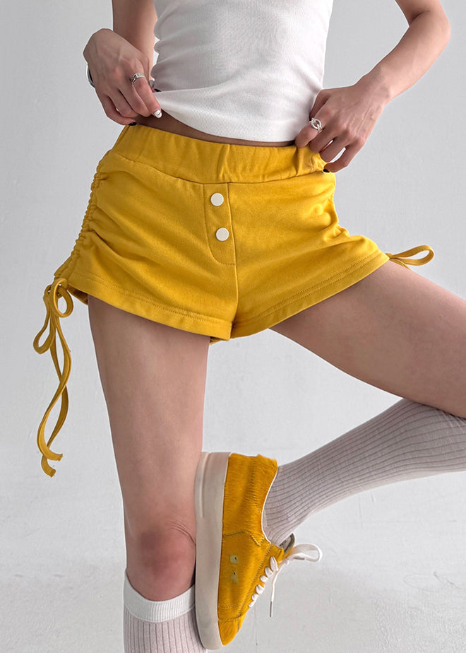 Yellow Cinched Cotton Summer Shorts Elastic Waist