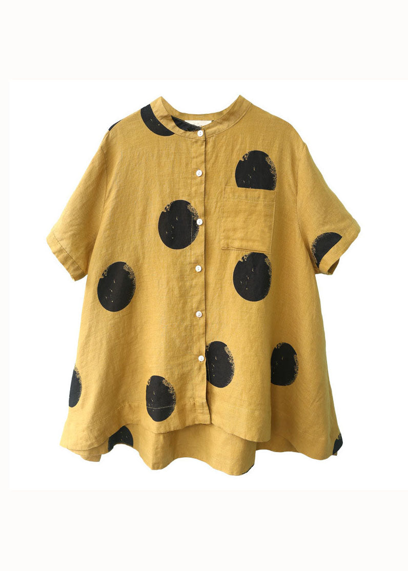 Orange Cashews Patchwork Linen Top Button Stand Collar Summer
