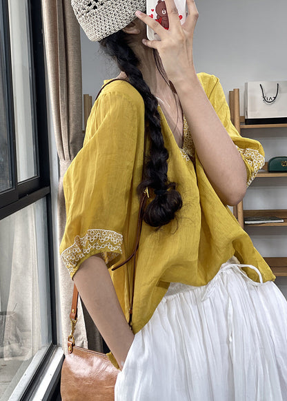 Yellow Embroidered Patchwork Linen Summer Shirts V Neck