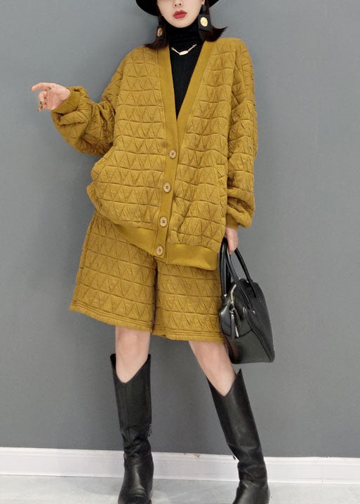 Yellow Fine Cotton Filled Loose Two Pieces Set Button Winter
