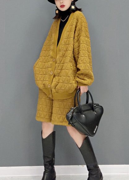 Yellow Fine Cotton Filled Loose Two Pieces Set Button Winter