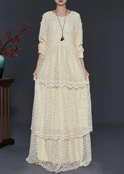 Yellow Layered Lace Party Dress Nail Bead Spring
