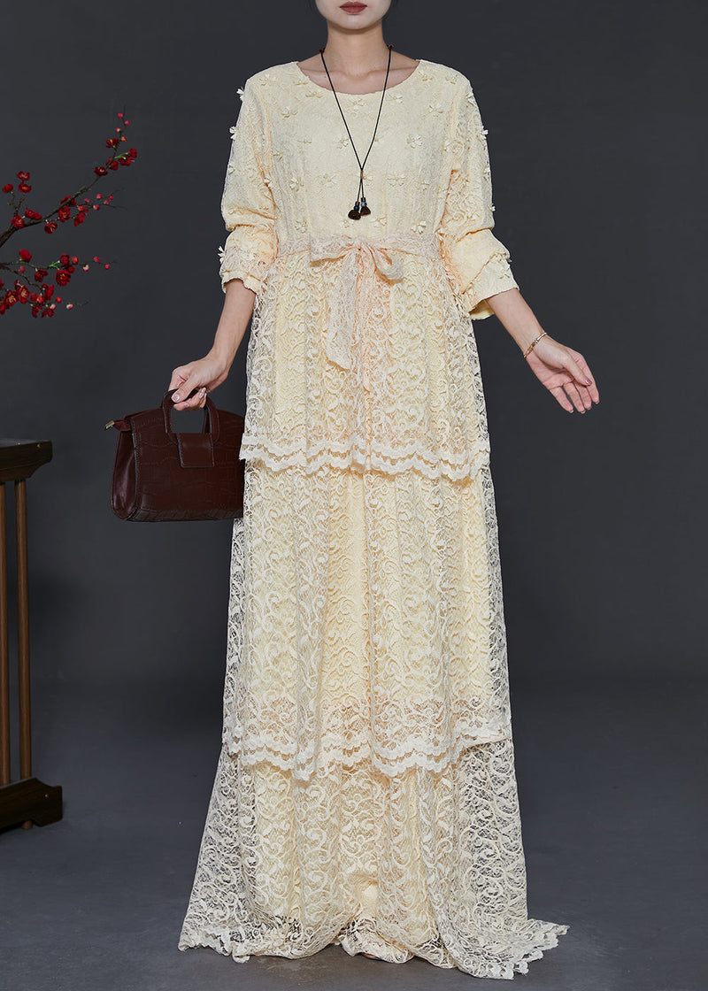 Yellow Layered Lace Party Dress Nail Bead Spring