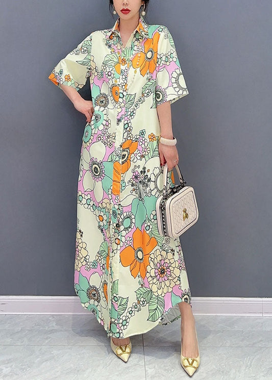 Yellow Patchwork Long Cotton Dresses Peter Pan Collar Summer
