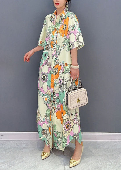 Yellow Patchwork Long Cotton Dresses Peter Pan Collar Summer