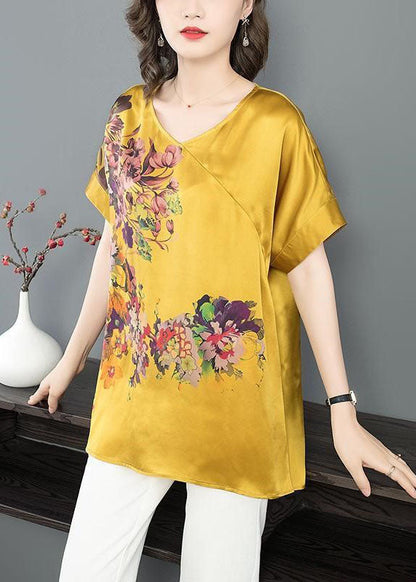 Yellow Print Chiffon Tanks V Neck Short Sleeve