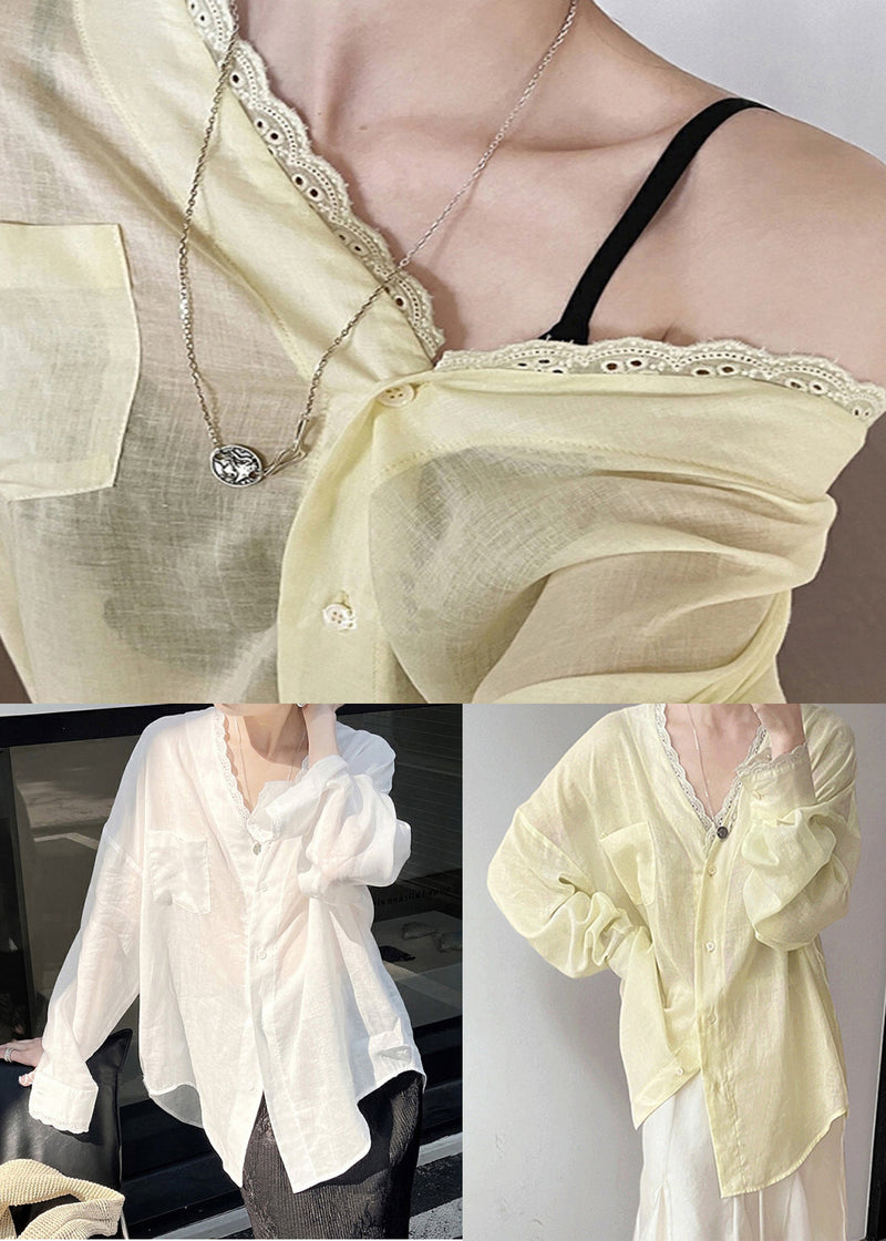 Yellow Lace Pockets Silk Cotton Summer Blouse V Neck