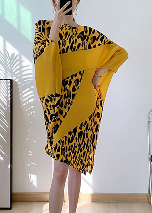 Yellow O-neck Asymmetrical Patchwork Dresses Batwing Sleeve