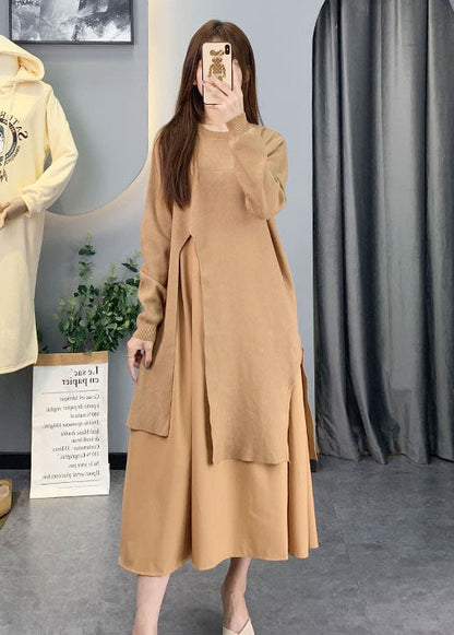 Yellow O-neck Chiffon Patchwork Knit Dresses Spring