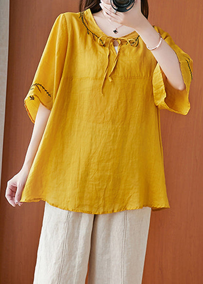 Yellow O-neck Patchwork Shirts Half Sleeve