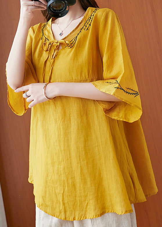 Yellow O-neck Patchwork Shirts Half Sleeve