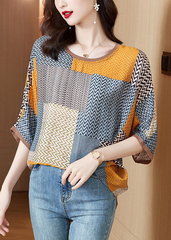 Yellow O-neck Print Patchwork Silk Tops Half Sleeve