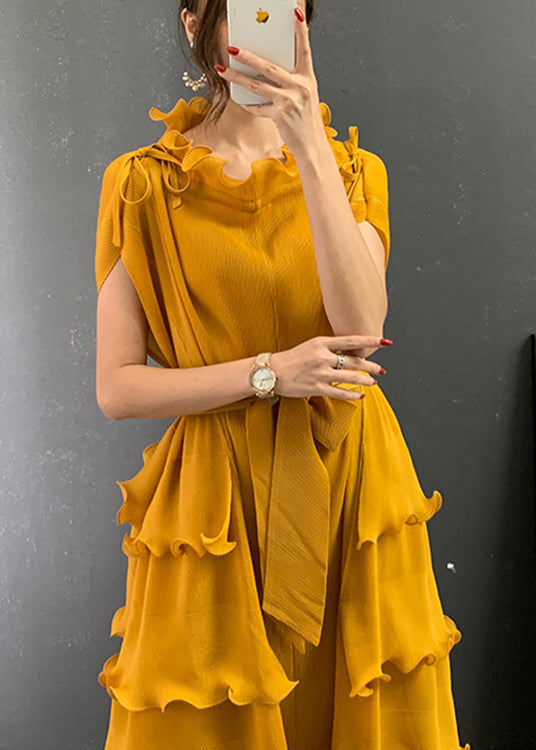 Yellow O-neck Ruffled Tie Waist Long Dresses Short Sleeve