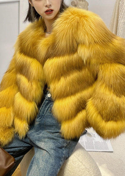 Yellow O-neck Zippered Leather and Fur Coat Winter