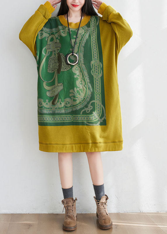 Yellow Patchwork Cotton Loose Sweatshirt Dress O-neck Print Spring