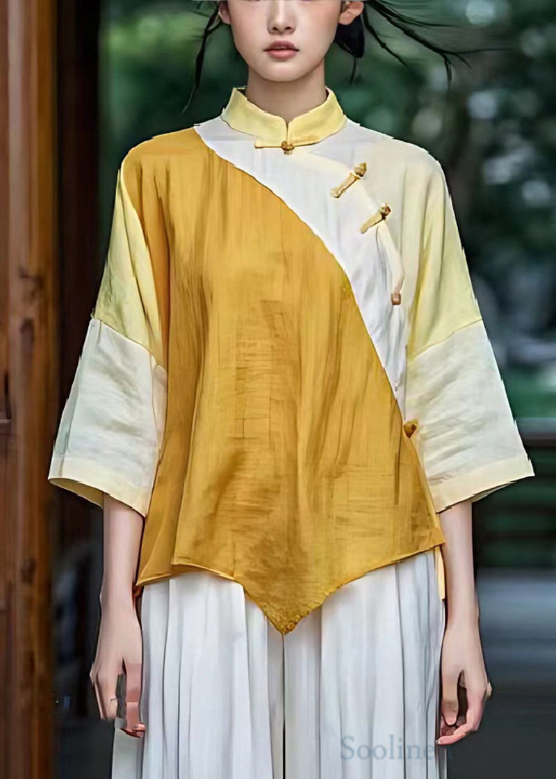 Yellow Patchwork Linen Chinese Style Top Asymmetrical Design Summer