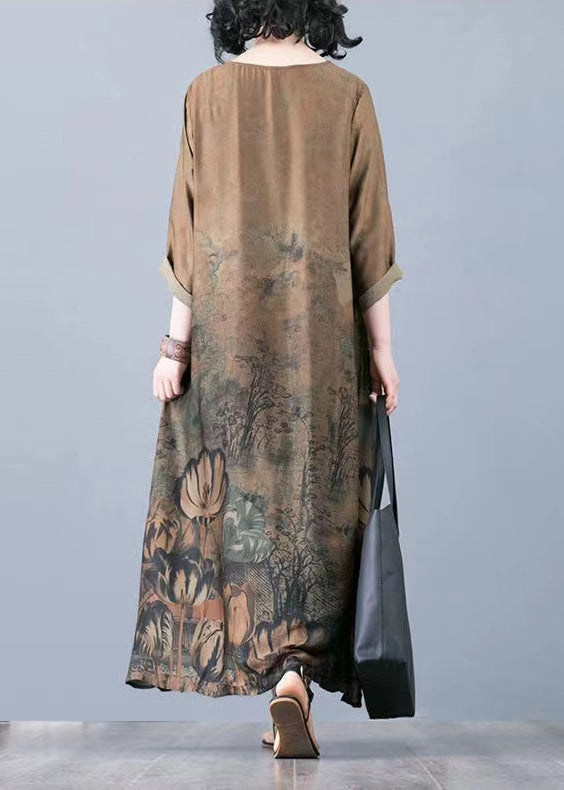 Yellow Patchwork Loose Silk Long Dresses Draping Three Quarter Sleeve