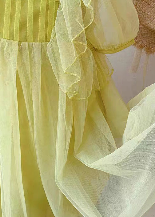 Yellow Patchwork Tulle Baby Princess Dresses Wrinkled Summer