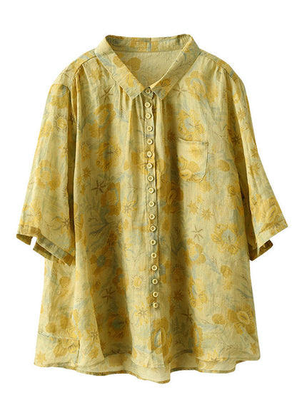 Yellow Peter Pan Collar Low High Design Linen Shirt Half Sleeve