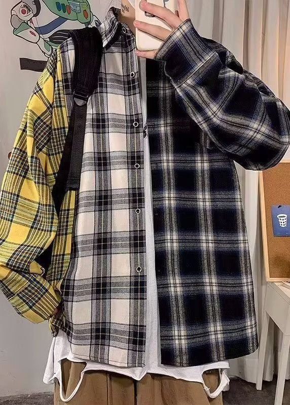 Yellow Plaid Pockets Patchwork Cotton Spring Shirts Asymmetrical