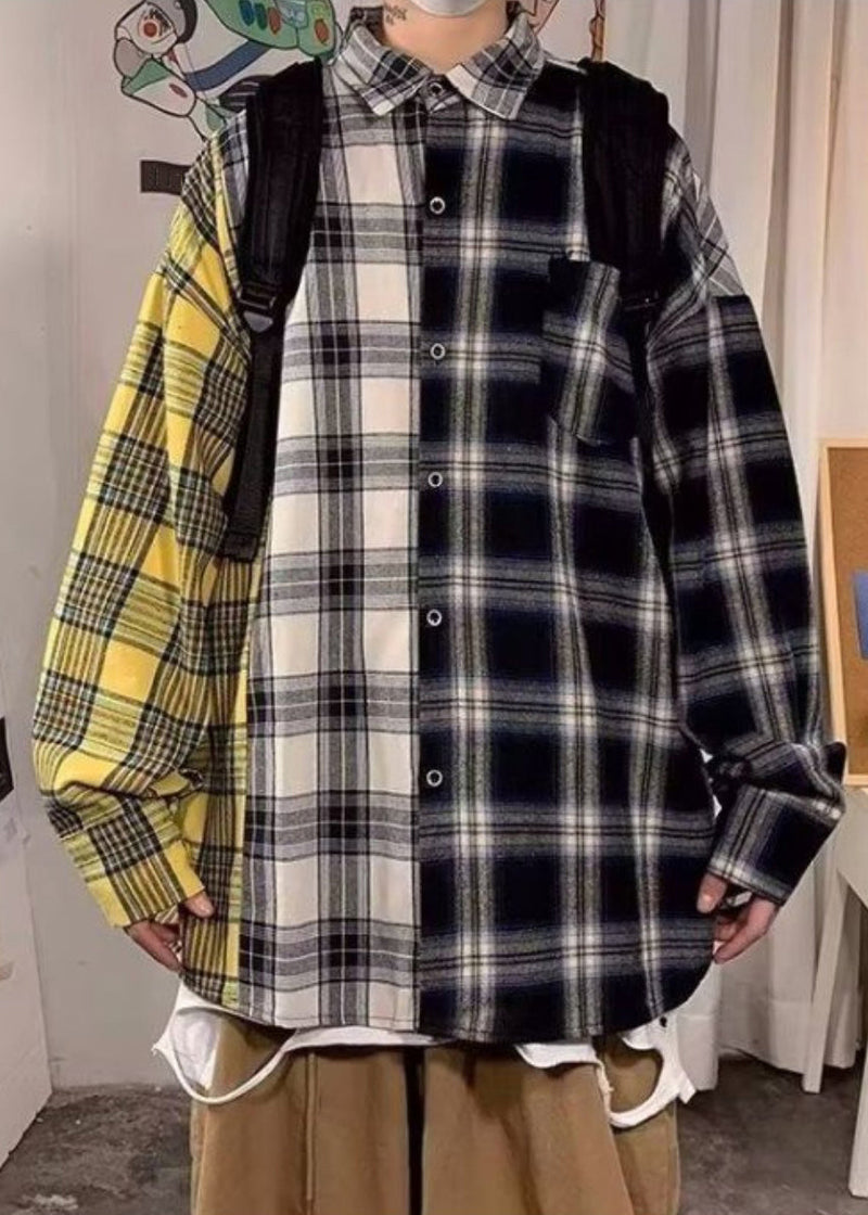 Yellow Plaid Pockets Patchwork Cotton Spring Shirts Asymmetrical