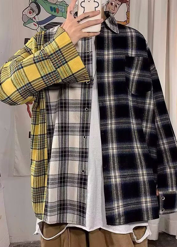 Yellow Plaid Pockets Patchwork Cotton Spring Shirts Asymmetrical
